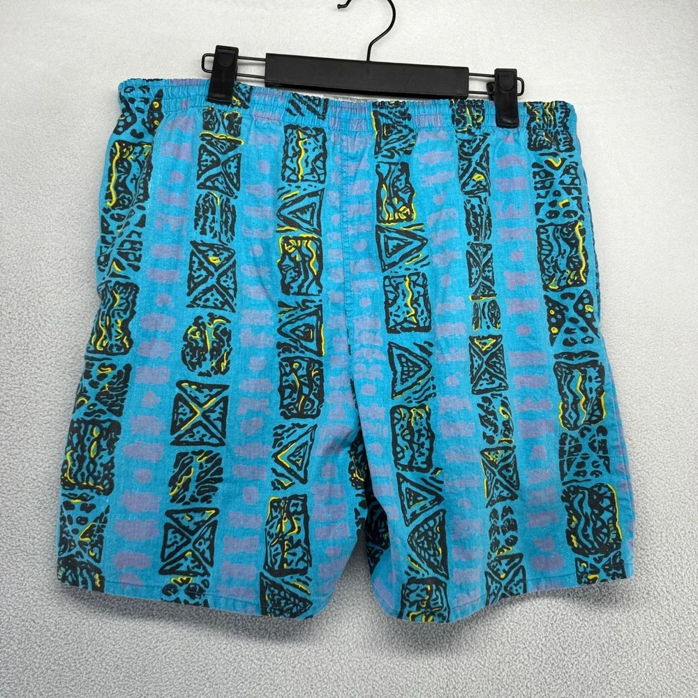 Vintage Abstract Swim Shorts Mens Medium Blue Tribal Geometric Surf Style 90s